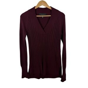 WHBM Burgundy Ribbed Knit Sweater Size XS Minimalist Cashmere Blend Comfy Cozy